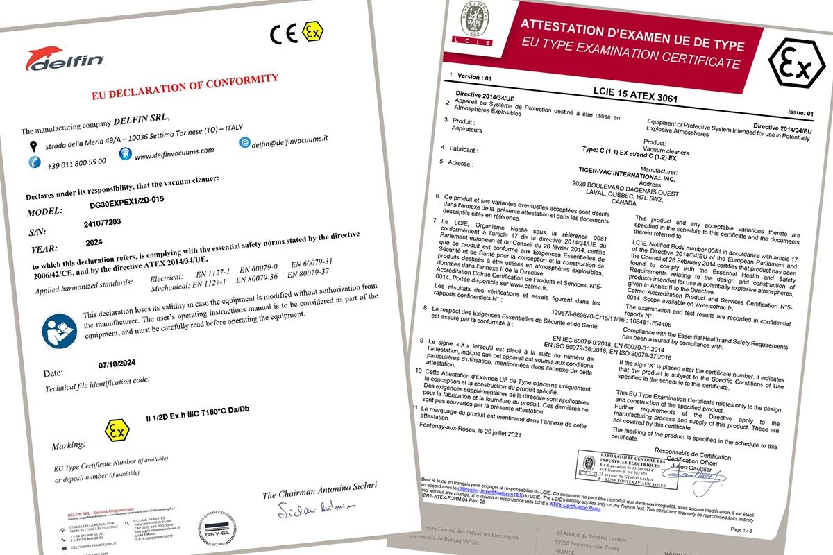 Certificeringer og pr&oslash;vningsrapporter for ATEX- og ACD-st&oslash;vsugere fra Delfin, Depureco og Tiger-Vac