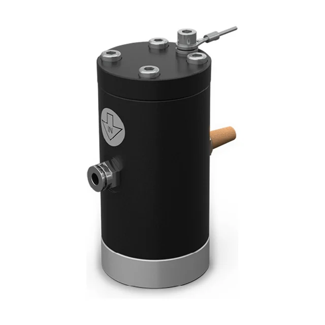 D&aelig;mpet stempelvibrator uden flange, set skr&aring;t forfra: en mat sort cylinder med sort d&aelig;ksel foroven og en blank aluminiumring forneden, en messingfarvet lydd&aelig;mper og en lufttilslutning i st&aring;l p&aring; siden, og &oslash;verst en gevindtap med en tynd stang.