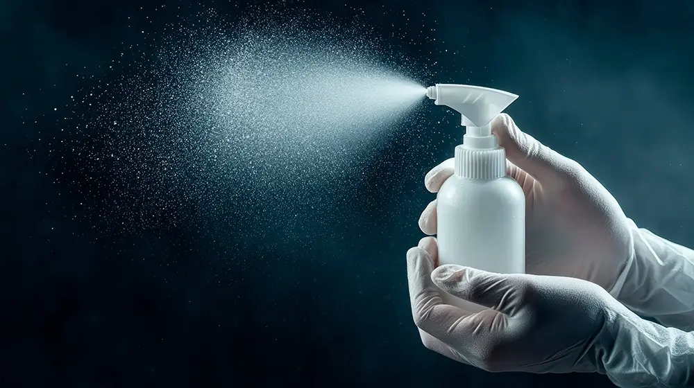 Sterile h&aelig;nder med sprayflaske spreder fine aerosoler ud i luften &ndash; symbol p&aring; usynlig forurening i renrum