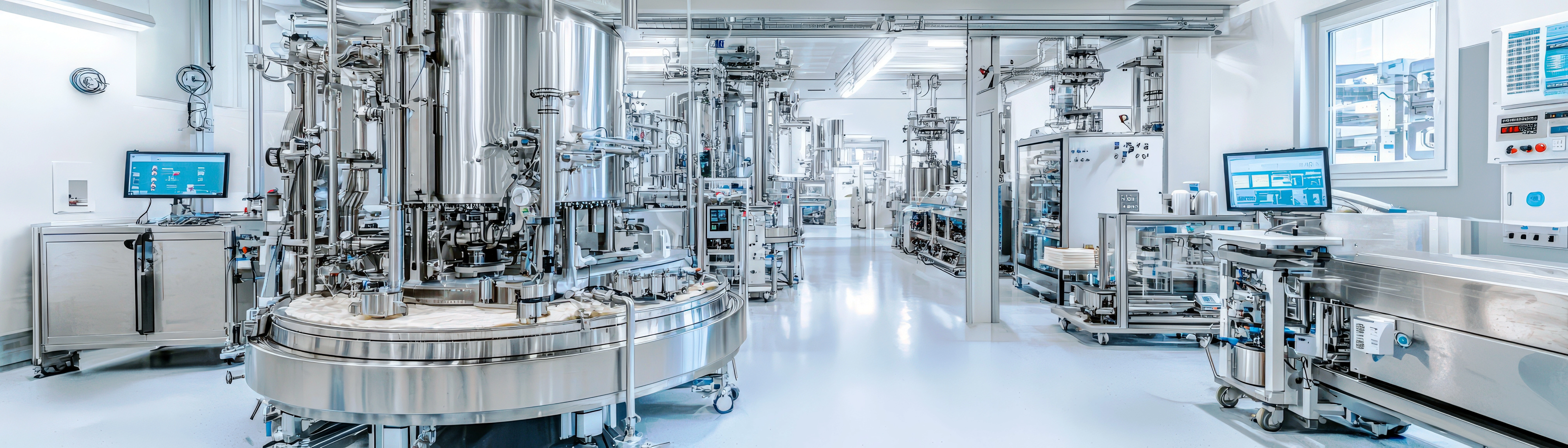 Industrielt pharmamilj&oslash; med rustfrit procesudstyr og rene produktionslinjer