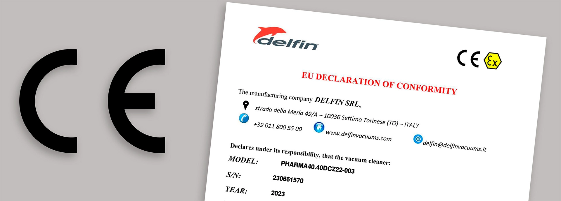 CE-m&aelig;rkning og EU-overensstemmelsesskl&aelig;ring fra Delfin med b&aring;de CE og Ex-m&aelig;rke